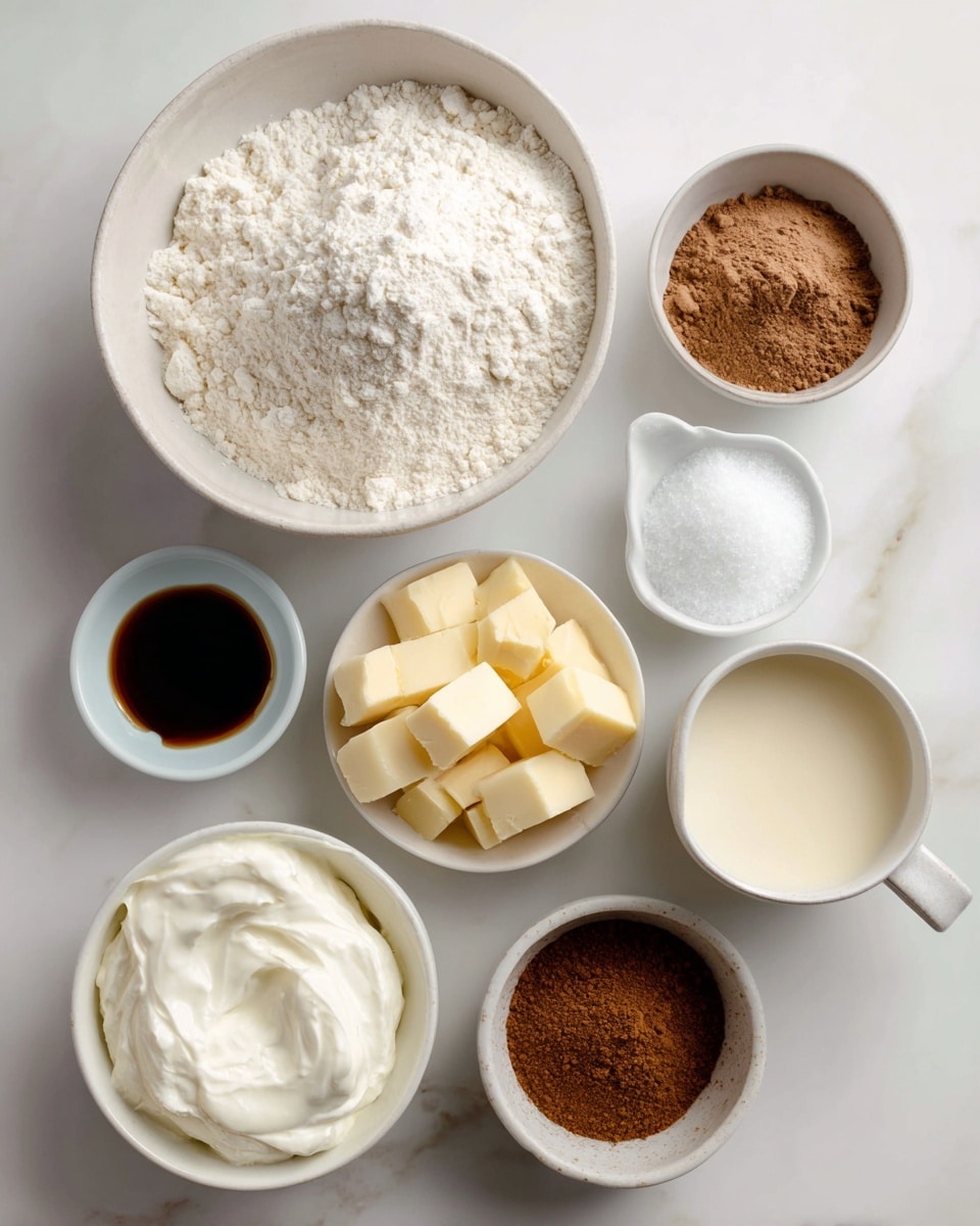 The image shows seven white bowls and a white cup arranged neatly on a white marbled surface. One large white bowl holds dry ingredients including white flour, brown cinnamon powder, and white baking powder. Another medium bowl contains white sugar grains. A small bowl holds a thick white yogurt, while another small bowl has broken pieces of pale yellow butter. There is a tiny bowl with dark brown vanilla extract, and a white cup is filled with light cream-colored milk. Lastly, a small bowl has brown cinnamon powder. Each bowl’s texture varies, from powdery to creamy to liquid, with the ingredients positioned clearly for easy identification photo taken with an iphone --ar 4:5 --v 7