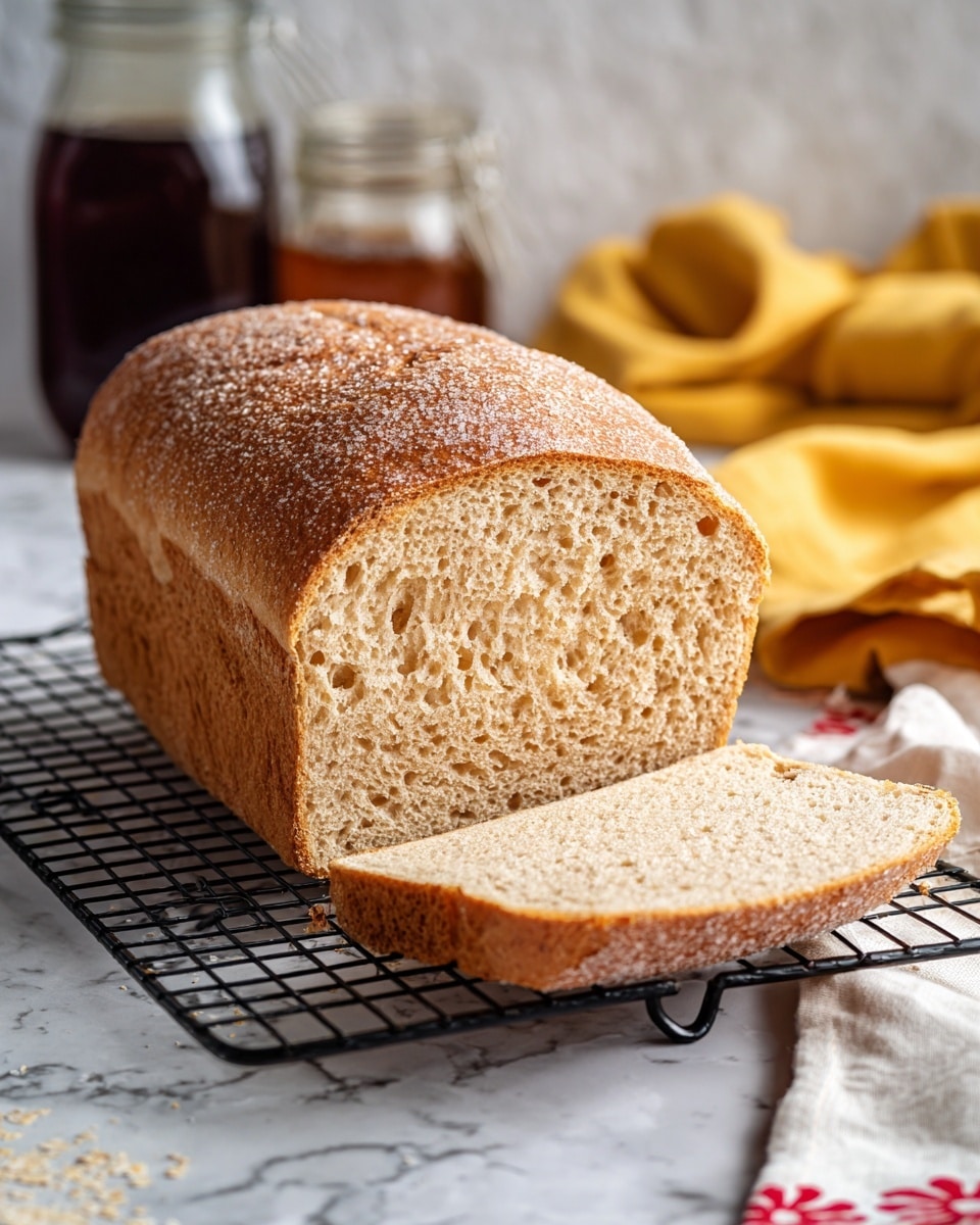 A loaf of bread with one thick slice cut from the front, showing its soft and light brown inside texture with tiny air pockets. The top crust is golden brown and covered with coarse sugar crystals, giving it a rough texture. The bread is placed on a black cooling rack with handle, sitting on a white marbled surface. In the background, there are two glass jars with dark liquids and a folded yellow cloth, slightly blurred. A white cloth with a red pattern appears at the bottom right corner. Photo taken with an iphone --ar 4:5 --v 7