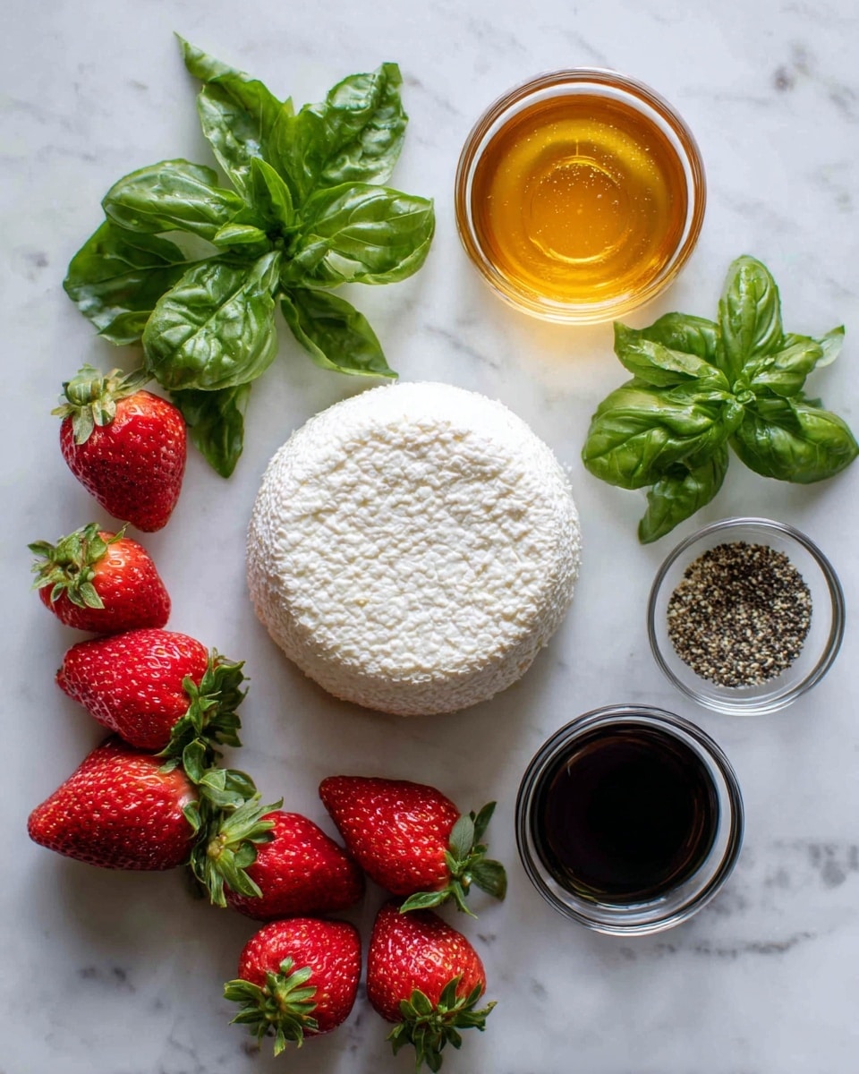 A close-up top view of ingredients on a white marbled surface, including a whole round soft cheese with a textured white rind in the bottom left, bright red fresh strawberries scattered around the center, fresh green basil leaves placed at the top right and bottom center, a small clear bowl of golden honey on the left side, a small clear bowl with coarse black pepper near the top center, and a small clear bowl with thick dark balsamic vinegar at the bottom right, all arranged with natural lighting highlighting the fresh colors and textures, photo taken with an iphone --ar 4:5 --v 7