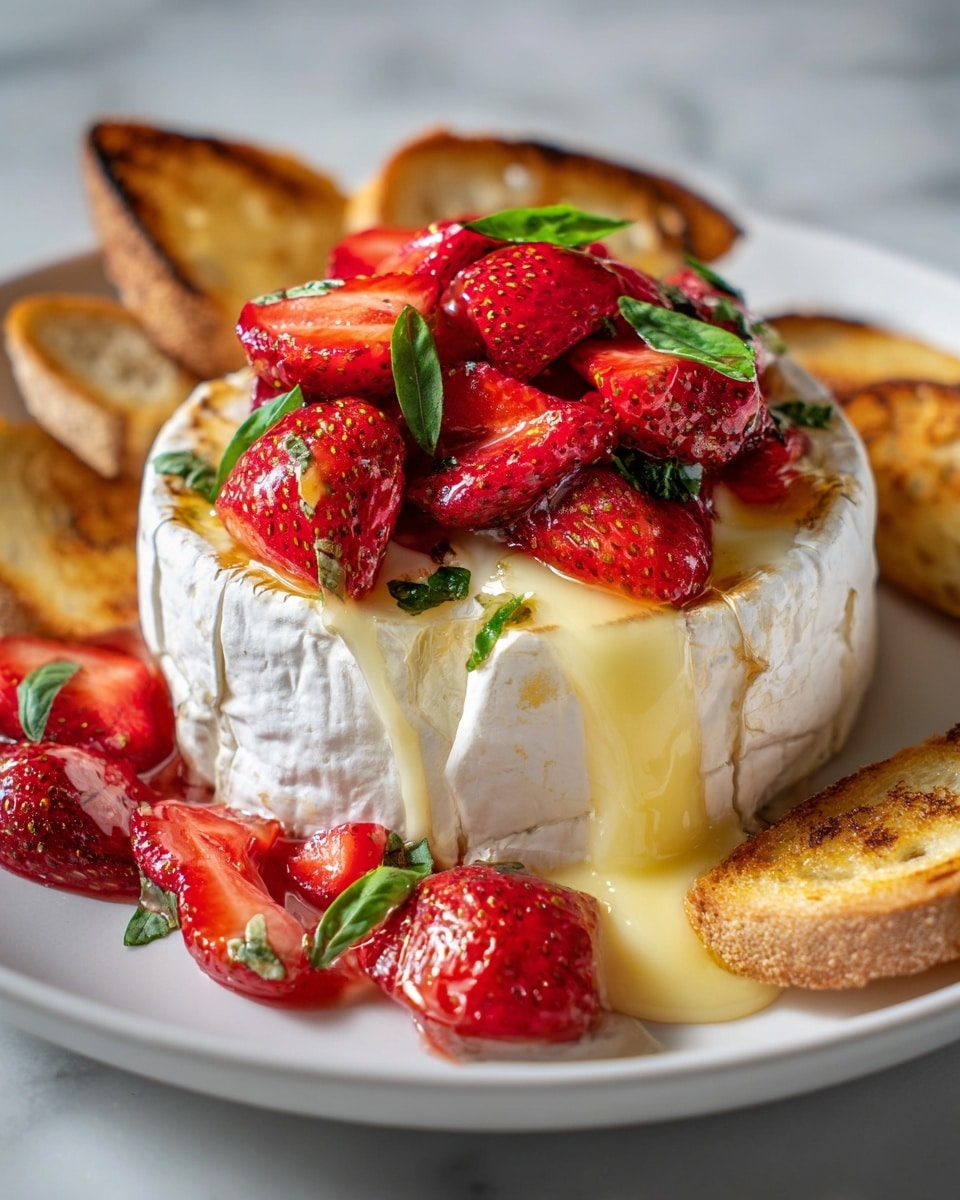 A close-up image of a round, soft cheese wheel with a white rind, melting and oozing creamy yellow cheese onto a white plate. On top of the cheese, there is a pile of bright red, shiny strawberry halves mixed with small pieces of green basil leaves. Around the plate, scattered slices of golden toasted bread add a crunchy contrast. The setting features a white marbled surface under the plate, enhancing the vivid colors of the strawberries and cheese. photo taken with an iphone --ar 4:5 --v 7