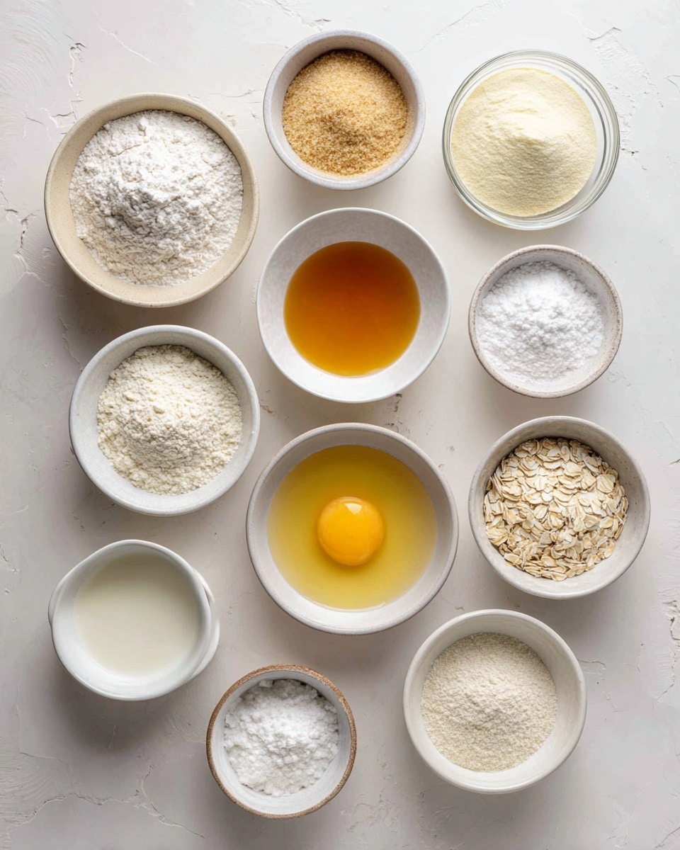 The image shows eleven small white bowls arranged in a loose circle on a white marbled surface, each containing a different baking ingredient. There are two bowls with off-white powders, one with a light brown powder, one with a golden brown liquid, and another with a bright yellow egg yolk surrounded by egg white. The rest contain smooth, creamy, or grainy substances in shades of white, beige, or light brown, representing yogurt, flour, oats, and other baking components. The clear glass bowls make the textures and shades of ingredients easy to see, creating a clean and organized visual spread. photo taken with an iphone --ar 4:5 --v 7
