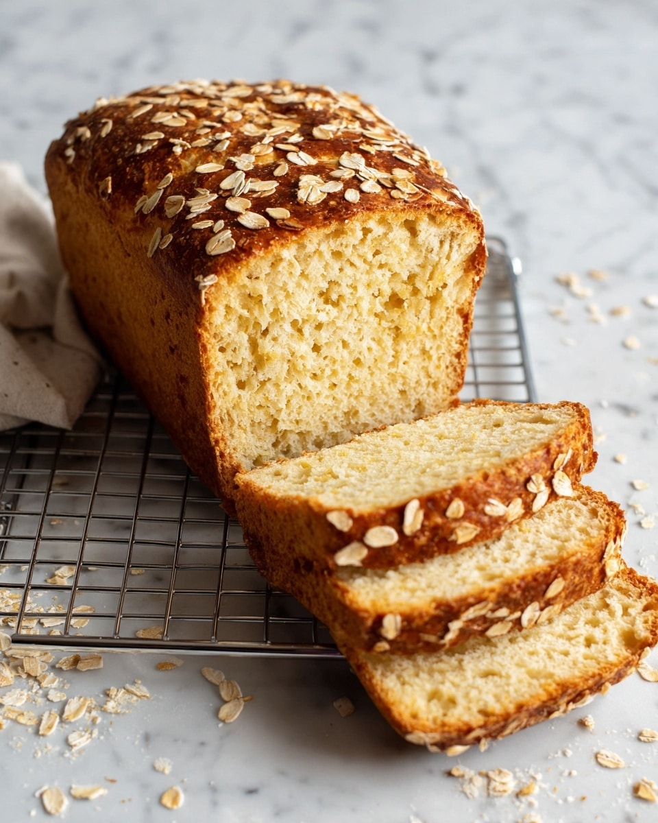 The image shows a loaf of bread with a golden brown crust topped with large oat flakes. The loaf is partially sliced, with four thick slices placed next to the main bread. The inside of the bread is light yellow with a soft texture and small holes throughout. The bread and slices rest on a wire cooling rack over a white marbled surface. Some crumbs are scattered around the rack. Photo taken with an iphone --ar 4:5 --v 7