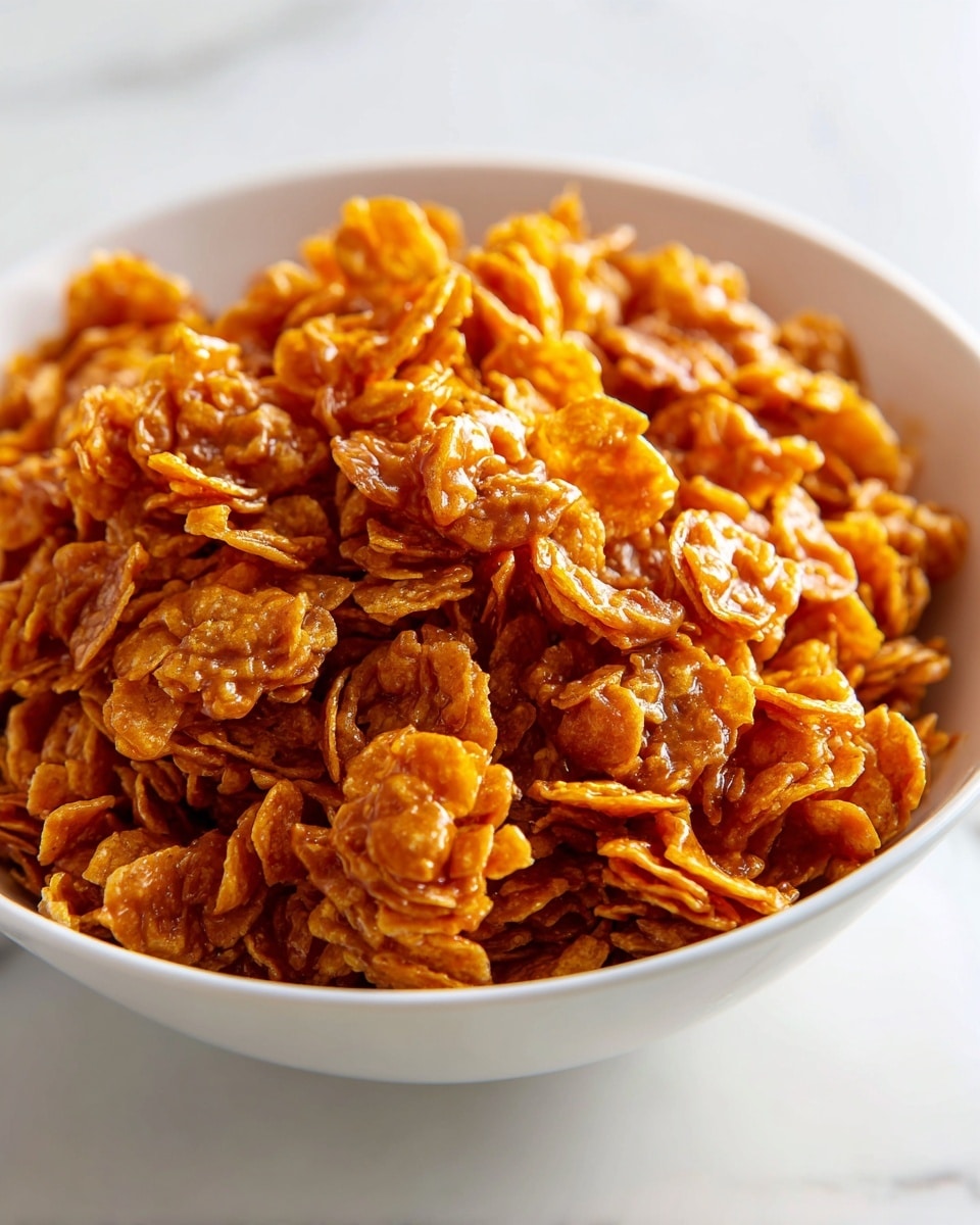 A white bowl filled with a pile of crunchy clusters made from golden, toasted cornflakes coated in a sticky, shiny caramel sauce, giving the cereal a rich amber color. The cornflakes appear tightly packed in uneven clumps, showing a mixture of smooth, glossy caramel and crispy textures. The bowl sits on a white marbled surface with soft natural light highlighting the glistening caramel coating. Photo taken with an iphone --ar 4:5 --v 7
