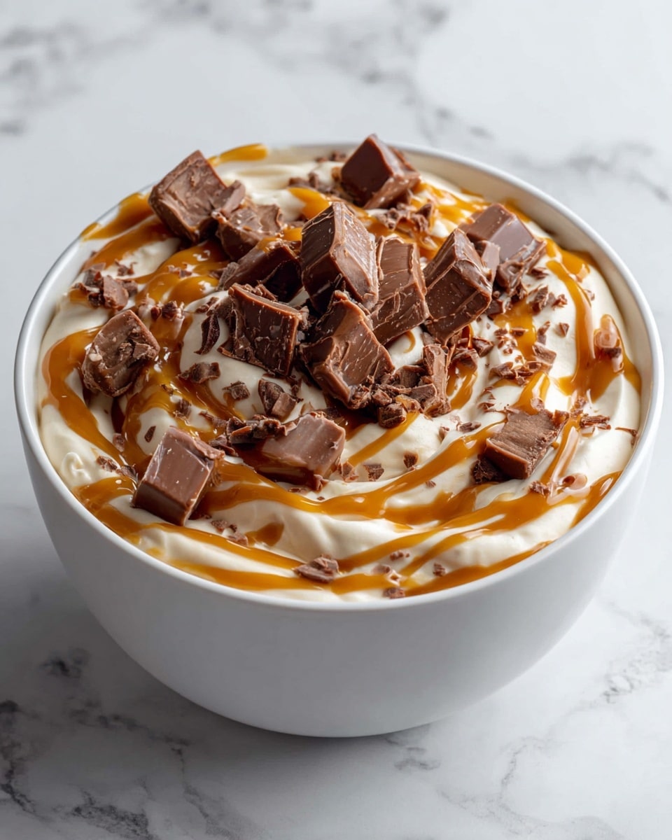 A white bowl filled with a creamy, thick mixture of light beige and white layers that looks like a dessert. On top, large chunks of chocolate and caramel candy pieces are scattered, adding a rough texture. There is a generous drizzle of golden caramel sauce covering the creamy layers and candy bits in a wavy pattern. The bowl sits on a white marbled surface. photo taken with an iphone --ar 4:5 --v 7