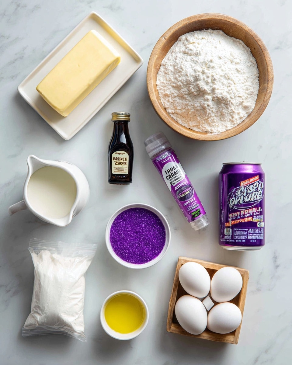 The image shows various baking ingredients arranged neatly on a white marbled surface. Starting from the top left, there is a rectangular block of butter on a small white dish. To its right, a small dark bottle labeled almond extract stands upright. Next to it, a round wooden bowl is filled with powdered sugar, with a fine metal strainer resting on top. Below the butter, a small white jug contains heavy cream. Beside it is a small dark bottle of vanilla extract. In the center, there is a purple can of grape soda. To the right of the can, a small white bowl filled with bright purple sparkling sugar sits next to a purple tube of gel food coloring. At the bottom left, a sealed plastic bag contains white cake mix. Near the bottom right corner, a small wooden square container holds four white eggs. In front of the eggs, a small white jug contains yellow vegetable oil. The arrangement is clear and organized, with each item labeled in a bold, playful font, all placed on a white marbled background. Photo taken with an iphone --ar 4:5 --v 7
