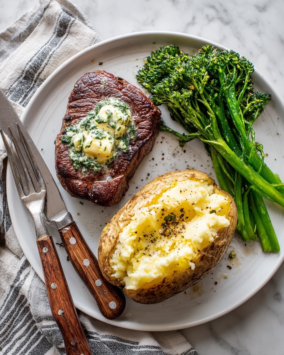 A white plate holds three main items arranged in a simple layout: on the left is a thick, dark brown steak with a glistening, light green herb butter melting on top, showing a mix of smooth and slightly crumbly texture; next to it on the right side is a large baked potato with a golden-brown, slightly rough skin, split open to reveal soft, pale yellow mashed inside sprinkled with black pepper and coarse salt; at the top right of the plate are bright green steamed broccolini stalks with a slightly shiny surface, showing a fresh texture. The plate sits on a white marbled surface, with a wooden-handled fork and knife placed on the left side, and a striped cloth napkin partially visible below them. photo taken with an iphone --ar 4:5 --v 7