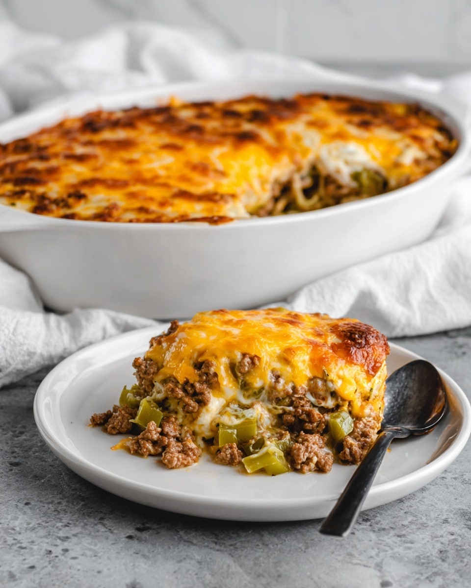 A white oval baking dish filled with a layered casserole shows melted white and yellow cheese on top, with browned ground meat and small green pepper pieces scattered throughout. Next to it, a white round plate holds a serving of the casserole, showing visible layers of melted cheese, meat, chopped green peppers, and light green shredded vegetables, possibly zucchini. A spoon with a black handle rests on the plate, and the plate is placed on a gray surface. The background and the area beneath the baking dish are changed to a white marbled texture cloth underneath the dish. photo taken with an iphone --ar 4:5 --v 7