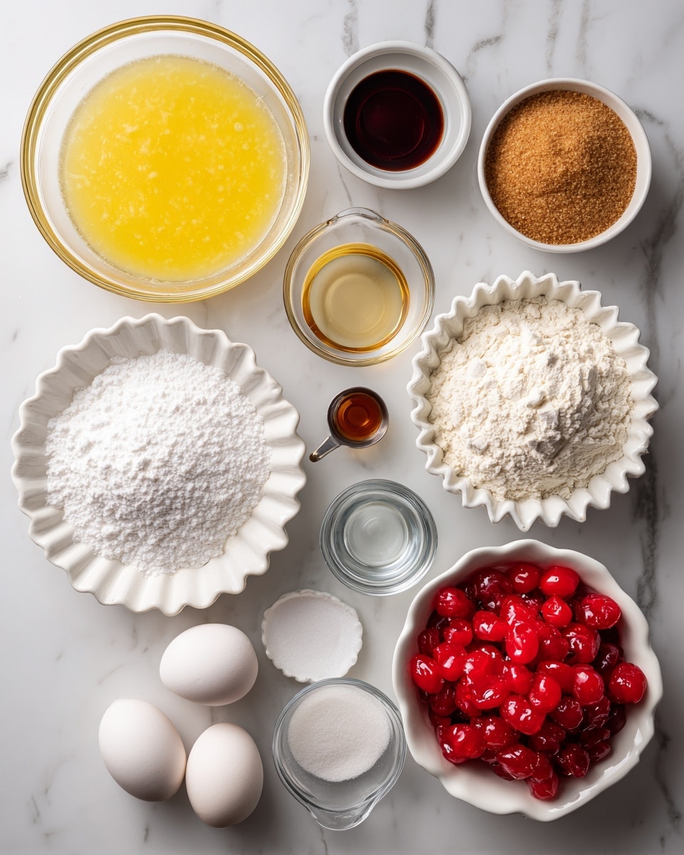 The image shows various baking ingredients arranged neatly on a white marbled surface, each placed in clear or white bowls with black text labels above or beside them. There is a large clear bowl filled with yellow melted unsalted butter in the upper left, next to a smaller dark bowl of brown sugar in the upper right. Below the butter is a white scalloped bowl of white granulated sugar with a small fluted metal cup of almond extract to its left. Further down, a glass bowl with white all-purpose flour sits on the right side, accompanied by a small clear bowl of bright red maraschino cherry juice to the right. To the bottom left is a white bowl filled with vibrant red chopped maraschino cherries. In the center-bottom are a large white egg and two small fluted metal cups with white kosher salt and baking soda. A small clear bowl of clear vinegar sits above the egg. The setup is clean and bright, with all items clearly visible, photo taken with an iphone --ar 4:5 --v 7