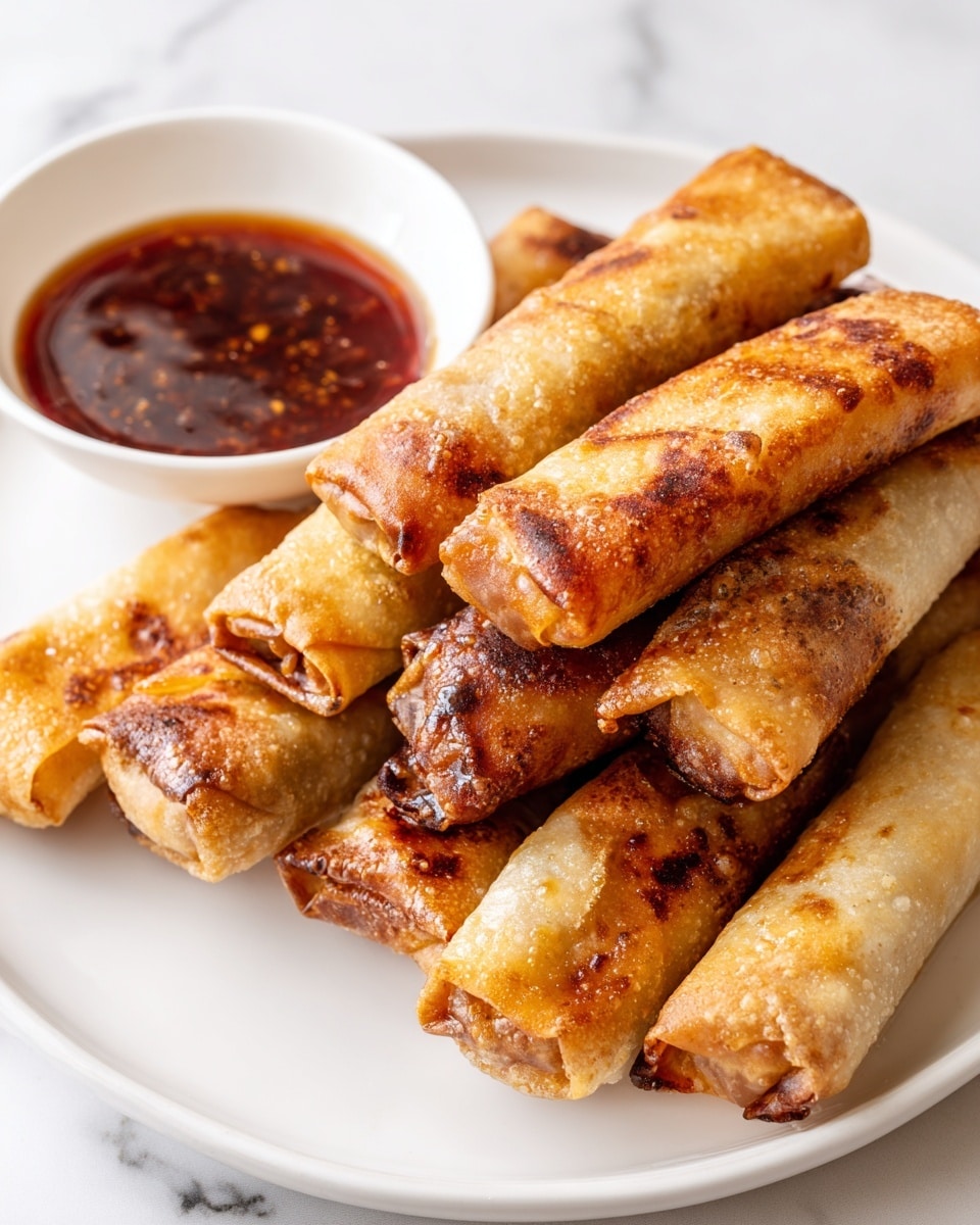 The image shows a white plate filled with golden brown, crispy rolled pastries that look crunchy on the outside. Next to the plate, there is a small white bowl filled with a dark reddish-brown dipping sauce that looks thick and textured. The pastries are arranged stacked and scattered casually, showing some burns and dark spots that make them look freshly cooked. The background is a white marbled surface, giving a clean and bright look to the scene. Photo taken with an iphone --ar 4:5 --v 7
