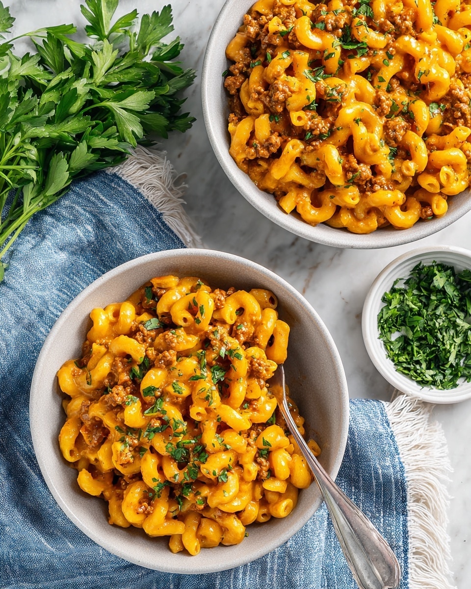 Two bowls of creamy macaroni and ground meat mix, each bowl filled with elbow pasta coated in a rich orange cheese sauce with small brown bits of cooked meat evenly mixed throughout. The pasta is sprinkled with chopped fresh green herbs on top. Both bowls are light gray and placed on a white marbled surface. One bowl is near a small dish filled with chopped green herbs and fresh green parsley leaves, while the other bowl is near a blue and white striped cloth with fringed edges. Each bowl has a silver spoon partially inside the pasta. The colors are warm and inviting with the orange sauce, brown meat, and bright green herbs. photo taken with an iphone --ar 4:5 --v 7