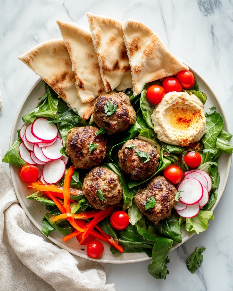 The dish shows five brown meatballs with some green herbs on a bed of mixed green lettuce leaves, thin orange carrot strips, halved red cherry tomatoes, and sliced round white radishes with red edges, all placed on a round white plate. At the top, there are five pieces of light brown pita bread arranged in a fan shape. To the right of the pita bread is a small scoop of beige hummus with some orange seasoning on top. There are also small pieces of red bell pepper placed near the sliced radishes on the left side. The plate is on a white marbled surface with a white cloth napkin partially visible below. photo taken with an iphone --ar 4:5 --v 7