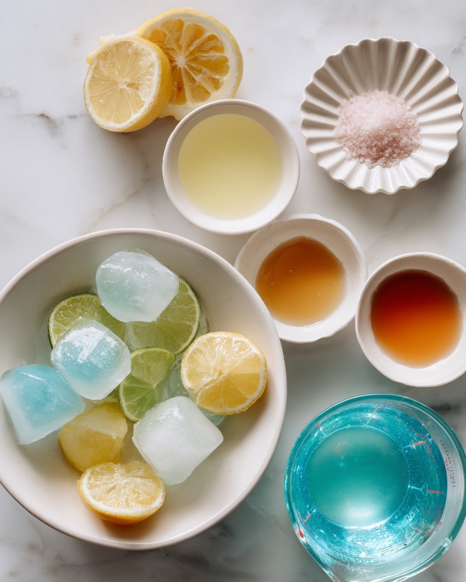 There is a white bowl in the center filled with ice cubes that have small slices of lemon and lime frozen inside, showing white, yellow, and green colors. Around the bowl, five small white cups hold different liquids and solids: lemon juice in the top center with a light yellow color, mineral salt in a scalloped white dish to the right with a light pink color, maple syrup below the salt with a deep golden amber color, lime juice on the bottom left with a pale yellow-green color, and a large glass measuring cup at the bottom right filled with light blue sparkling water. All items rest on a white marbled surface. Photo taken with an iphone --ar 4:5 --v 7