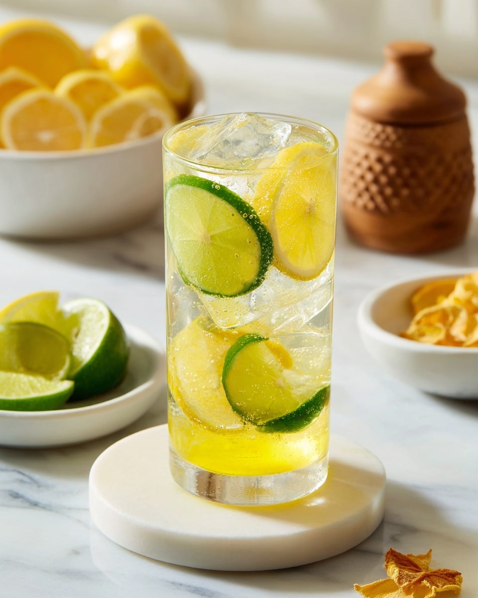 A tall clear glass sits on a white marble surface with a white circular coaster underneath. Inside the glass, the bottom layer is a thick yellow liquid. Above it, there are several large ice cubes, each containing slices of yellow lemon and green lime, visible through the transparent ice. Small bubbles float up from the bottom, creating a fizzy effect. In the background, there are white bowls filled with lemon and lime slices, a wooden citrus juicer with a textured top, and some pieces of dried yellow citrus peel. The scene is bright and fresh with soft natural lighting, photo taken with an iphone --ar 4:5 --v 7