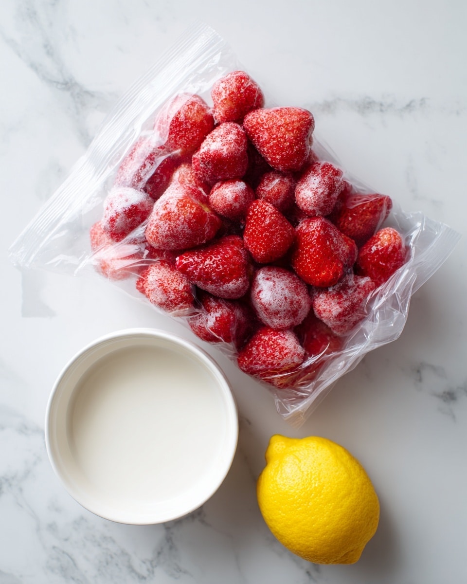 The image shows a clear plastic bag filled with frozen strawberries, positioned on a white marbled surface. Next to the bag is a small white bowl filled with coconut milk, and below it, a whole yellow lemon is placed. The frozen strawberries are bright red with icy white patches. The composition is simple with the three items spaced apart, highlighting their colors and textures. Photo taken with an iphone --ar 4:5 --v 7