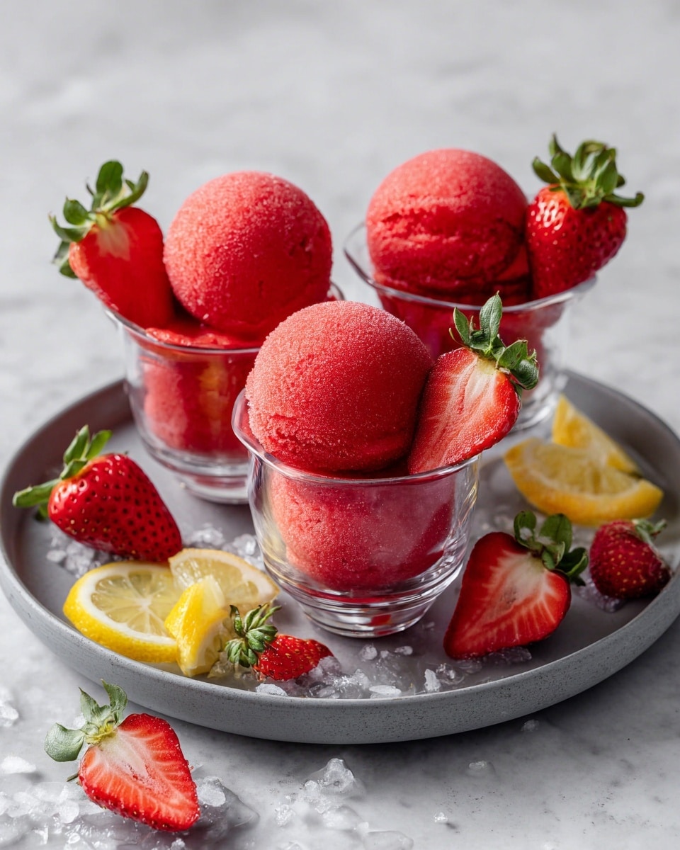The image shows three small clear glass cups each filled with bright red strawberry sorbet scoops. Each cup holds two rounded scoops with a smooth, slightly icy texture. Fresh strawberry halves with visible seeds and green leaves are placed leaning against the sorbet inside each cup. The cups rest on a grey round plate. Around the plate, there are whole strawberries, strawberry halves, and small yellow lemon wedges scattered. The scene is lit softly with a white marbled surface under the plate, giving a fresh and clean look. photo taken with an iphone --ar 4:5 --v 7