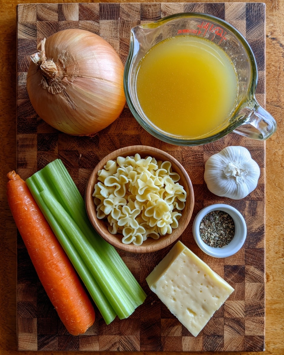 The image shows a collection of fresh ingredients arranged on a wooden cutting board with a checkered wood pattern. At the top left, there is a whole onion with a shiny, light brown skin. Next to it on the right is a clear glass measuring cup filled with golden yellow broth. Below the onion and broth, a vibrant orange carrot lies horizontally beside two light green celery stalks with white bottoms. To the right of the vegetable group, there is a small round wooden bowl filled with small flower-shaped pasta. Below the bowl, a bulb of white garlic rests next to a small white ceramic dish holding coarse black pepper. Finally, at the bottom right, a chunk of pale yellow cheese with small holes is placed on the board. The setting is simple and ready for cooking photo taken with an iphone --ar 4:5 --v 7
