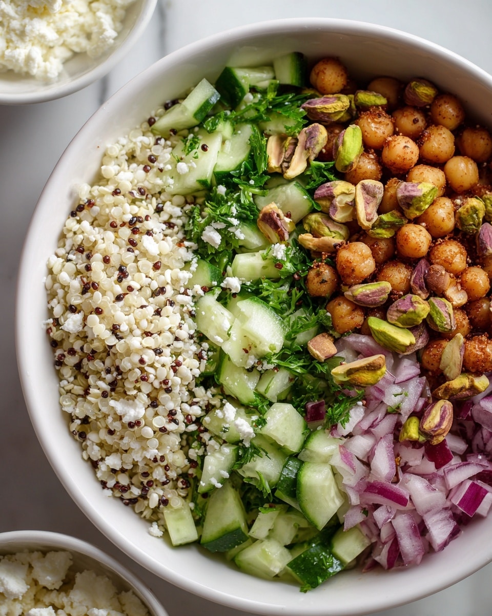 A close-up view of a mixed salad in a white bowl showing three main layers: the base layer is a mix of small beige chickpeas and white quinoa seeds with a few black quinoa seeds scattered throughout; the middle layer consists of chopped pale green cucumber pieces and small chopped red onion bits; the top layer includes bright green parsley leaves and whole roasted pistachios, adding texture and color. The salad looks fresh with a mix of soft and crunchy textures. The bowl is placed on a white marbled surface with part of a white bowl filled with crumbled white cheese partially visible at the bottom. photo taken with an iphone --ar 4:5 --v 7