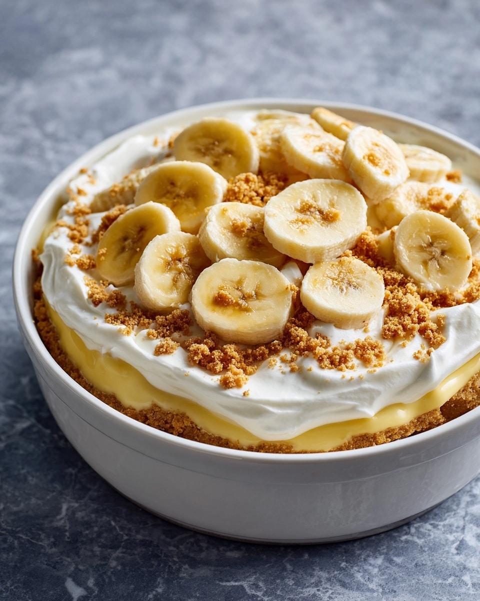 The image shows a white marbled surface with a white bowl placed on it, filled with a dessert made of several layers. The bottom layer is crushed golden brown Nilla wafers that looks slightly crumbly. On top of that, there is a thick creamy yellow layer of pudding, smooth and shiny in texture. Above the pudding, there is a creamy white layer resembling whip or sour cream, soft and fluffy looking. A peeled banana sliced into round pieces covers this top layer evenly, showing fresh soft yellow and light cream colors. The whole dish appears as a creamy, textured dessert with clear, neat, and visible layers. Photo taken with an iphone --ar 4:5 --v 7