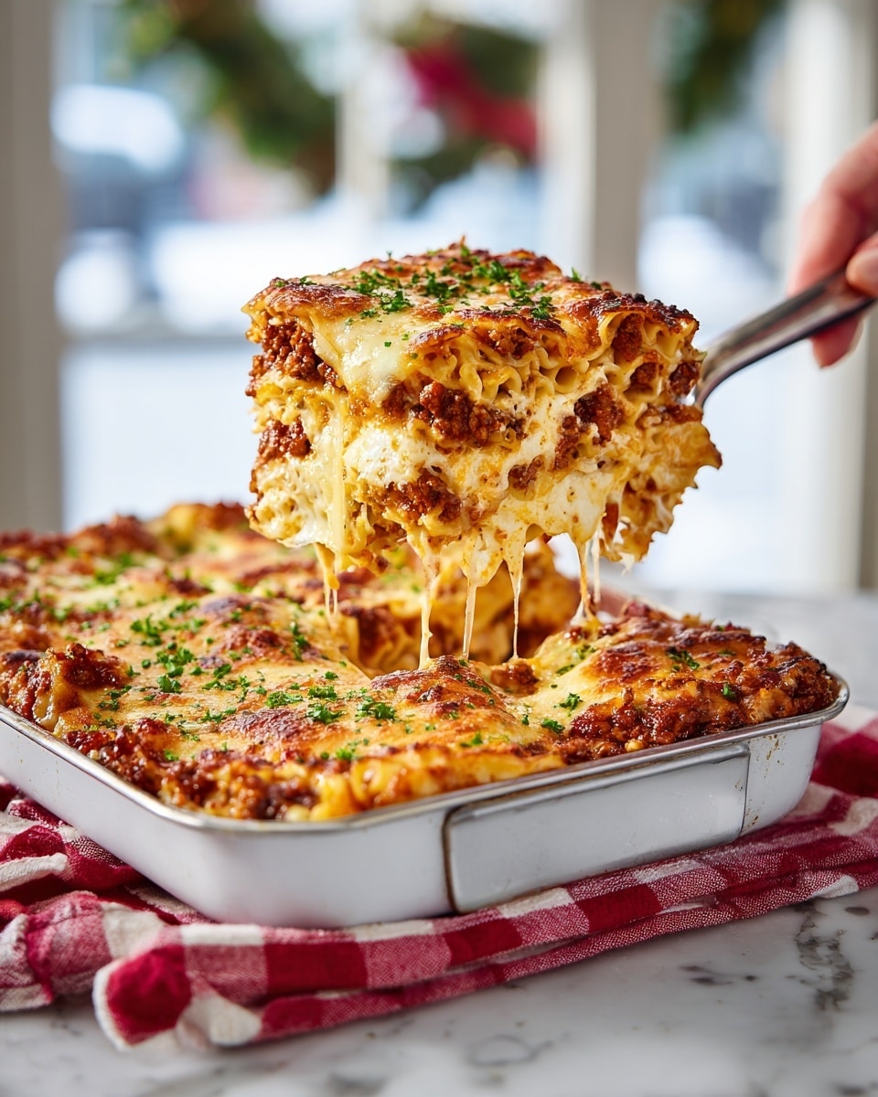 The image shows a thick slice of baked pasta being lifted from a white metal pan by a fork held in a woman's hand. The dish has three clear layers: the bottom layer is pale yellow cooked pasta, the middle layer is white creamy cheese, and the top layer is a chunky red meat sauce covered with melted golden brown cheese. The pan rests on a red and white checkered cloth over a white marbled surface with blurred windows in the background. photo taken with an iphone --ar 4:5 --v 7