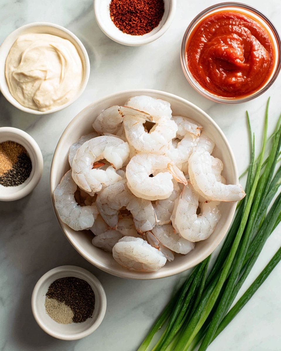 The image shows a white bowl filled with large raw shrimp at the bottom center of the frame. Surrounding the bowl are smaller white bowls containing different ingredients: a bowl of red-orange Red Thai chili sauce at the top right, a bowl of bright red sriracha sauce at the top left, a bowl of light cream-colored Kewpie mayonnaise below the sriracha, and a bowl of mixed spices with earthy tones like brown and black next to the chili sauce. Long, fresh green onions rest diagonally along the right side on a white marbled surface. The setting has a clean and bright look with all bowls placed neatly in a visually balanced way. Photo taken with an iphone --ar 4:5 --v 7