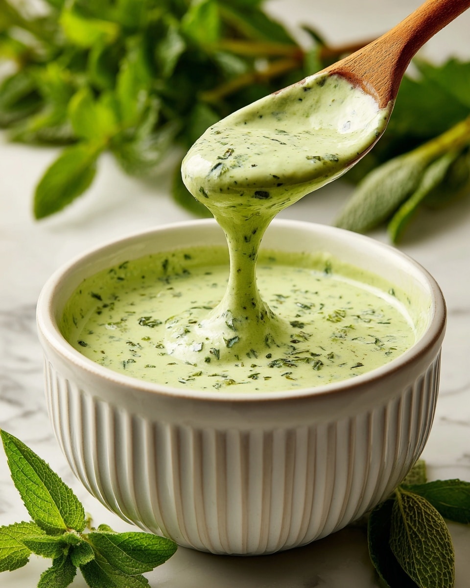 A creamy light green sauce with small dark green herb bits fills a white bowl with ribbed sides, sitting on a white marbled surface. A spoon with a wooden handle is lifted above the bowl, full of the thick, speckled sauce. Around the bowl, there are bright green leaves that look fresh and natural. Photo taken with an iphone --ar 4:5 --v 7