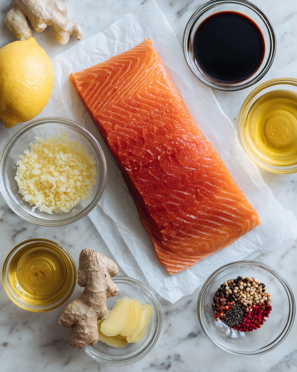 A fresh steelhead trout fillet with a bright orange-pink color and smooth texture is placed on white parchment paper. Surrounding the fillet are small clear glass bowls filled with various ingredients: a pale yellow bowl of Dijon mustard with a smooth texture, a bowl of dark brown soy sauce with a shiny surface, a golden liquid bowl of olive oil, a bowl of light golden honey, minced pale yellow garlic, fresh grated ginger with a slightly rough texture, a small bowl with mixed red and black pepper flakes, and a bowl of light yellow lemon and butter mixture. The background is a white marbled surface. Photo taken with an iphone --ar 4:5 --v 7