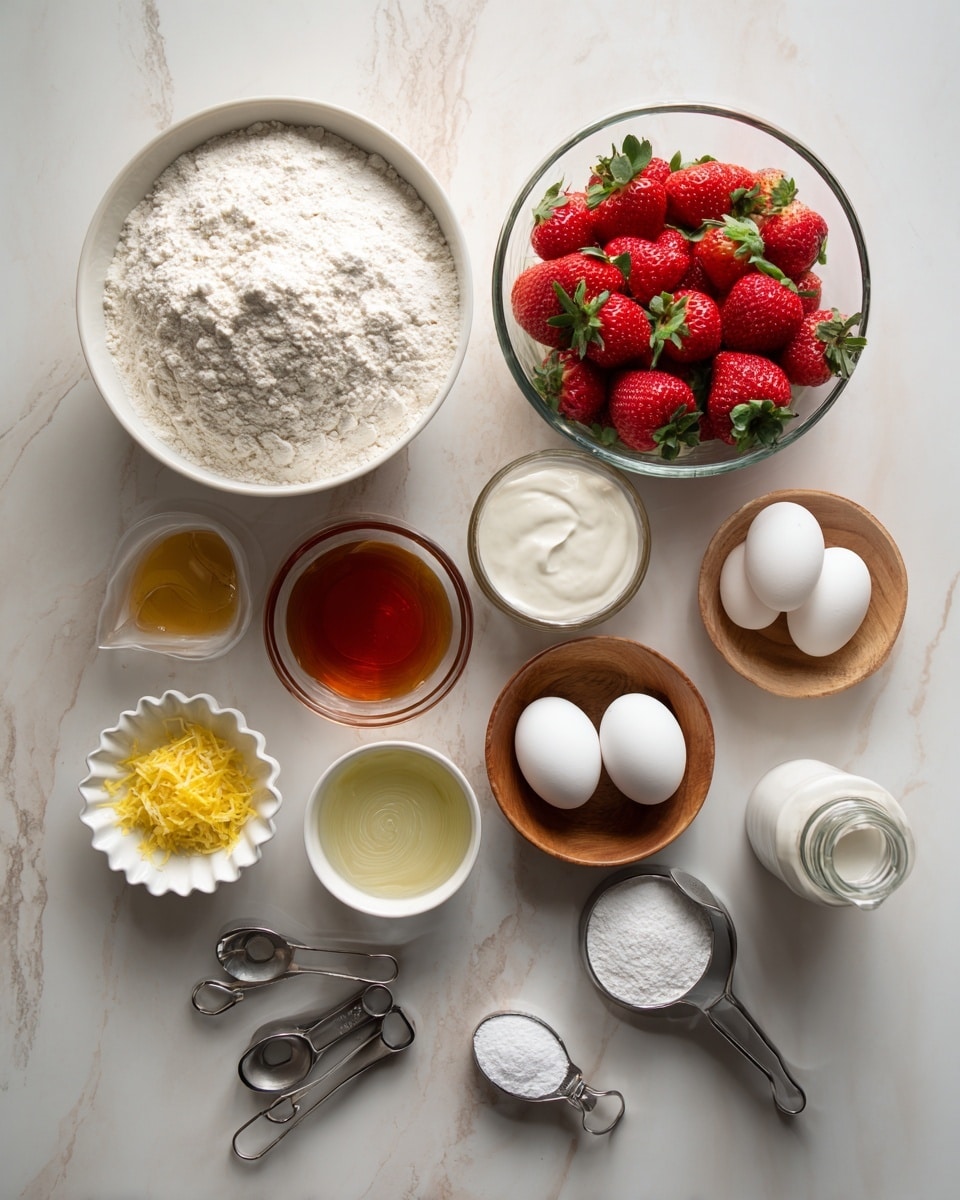 The image shows a top view of various baking ingredients arranged neatly on a white marbled surface. There is one large white bowl filled with white flour, and a clear glass bowl containing fresh red strawberries with green tops in the center. Around them, there are smaller bowls and containers holding different ingredients: one bowl with a golden brown liquid (honey or syrup), another with a smooth white creamy substance, a small wooden bowl with yellow lemon zest, a small scalloped bowl with clear egg whites, two white eggs lying next to each other, a small dark bowl with water, two metal measuring spoons with white powders inside, and a small white bottle with a seal at the top. Everything is arranged in a clean and organized way on the white marbled surface. photo taken with an iphone --ar 4:5 --v 7
