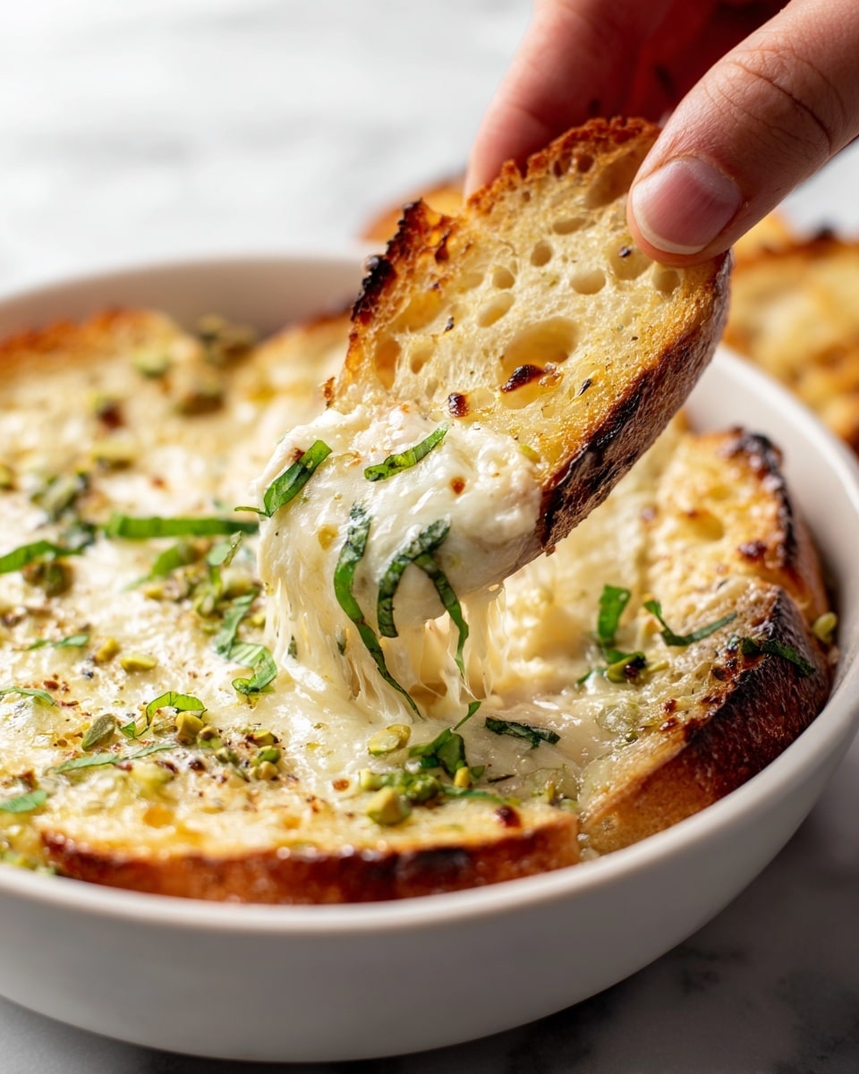 A close-up image shows a slice of toasted bread being held by a woman's hand, dipped into a creamy, melted cheese dip. The bread is golden brown with a crispy texture and small holes. The cheese dip in a white bowl is thick and gooey, with a smooth white layer topped with green basil leaves and crunchy pistachio pieces. The background is a white marbled surface, keeping the focus on the vibrant colors of the dip and bread. photo taken with an iphone --ar 4:5 --v 7