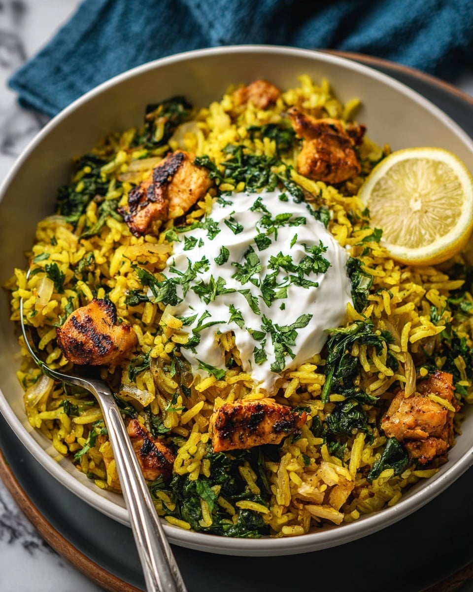 A white bowl filled with yellow rice mixed with green leafy vegetables and small brown grilled chicken pieces scattered on top. In the center, a dollop of white creamy yogurt is placed with chopped green herbs sprinkled over it. A lemon wedge with bright yellow flesh is positioned at the upper right side inside the bowl. A silver spoon holding some rice and chicken is partially inside the bowl. The bowl sits on a dark grey round plate, and the whole scene is on a white marbled surface with a blue cloth partially visible in the background. Photo taken with an iphone --ar 4:5 --v 7