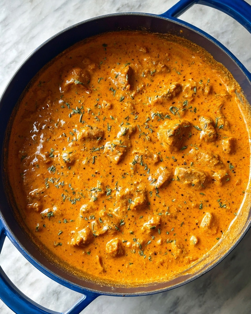 A close-up view of a deep blue round pan filled with rich, creamy orange sauce with visible chunks of tender meat throughout. The sauce is smooth with a slightly thick texture, speckled with small green herbs and black pepper, spread evenly inside the pan. The pan sits on a white marbled surface. photo taken with an iphone --ar 4:5 --v 7