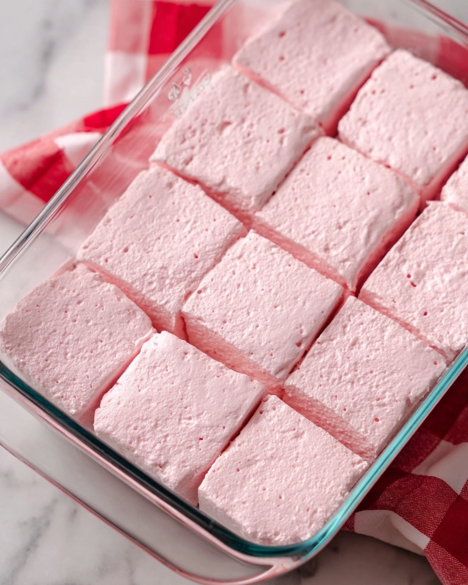 A rectangular clear glass baking dish filled with nine square pieces of smooth, pale pink marshmallows with a slightly fluffy texture, each piece neatly cut and touching each other inside the dish. The dish rests on a white marbled surface with a red and white checkered cloth partially visible underneath. The marshmallows have a soft and creamy look with tiny bubbles in the texture, giving a light, airy feeling. Photo taken with an iphone --ar 4:5 --v 7