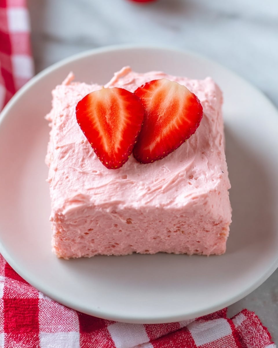 A square piece of cake is covered with thick, textured pink frosting that looks soft and creamy. On top, two strawberry halves with bright red skin and white inner flesh sit side by side, adding a fresh and vibrant touch. The cake rests on a simple white plate, placed on a white marbled surface partially covered with a red and white checkered cloth. The image is taken from above, showing the neat layers and smooth edges of the frosting photo taken with an iphone --ar 4:5 --v 7
