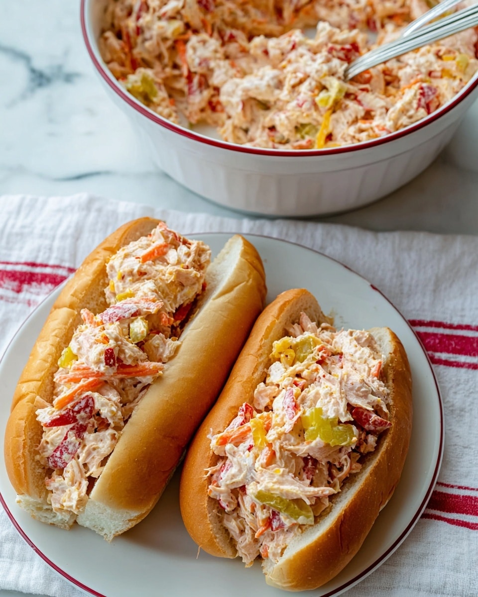 The image shows two long white sandwich buns on a white plate, each filled thickly with a mix of shredded light pink meat, thin strips of orange carrots, small pieces of red tomatoes, and slices of green peppers. The filling looks creamy and chunky with a soft texture. Behind the plate is a large white bowl with a thin red rim, holding more of the same filling, with a metal spoon scooping some out. The whole scene is set on a white marbled surface with a white cloth that has red stripes. photo taken with an iphone --ar 4:5 --v 7