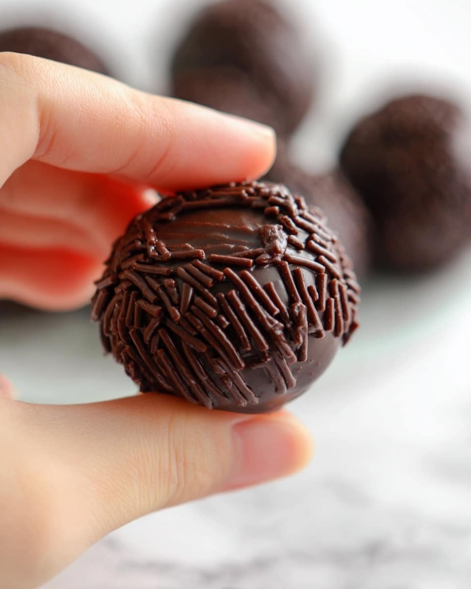 A woman’s hand holds a small, round chocolate truffle close to the camera, showing its glossy dark brown surface decorated with small cylindrical chocolate sprinkles evenly covering the truffle. The top of the truffle has a smooth indentation with subtle ridges and shiny texture, contrasting with the matte look of the sprinkles. In the blurred background, several more truffles of the same kind rest on a white marbled surface, enhancing the focus on the held truffle. The lighting is soft, highlighting the rich chocolate colors and delicate textures. photo taken with an iphone --ar 4:5 --v 7