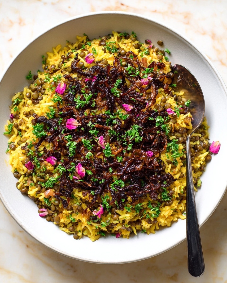 A white bowl holds a dish with two visible layers; the bottom layer is yellow rice mixed with green lentils, showing a soft and slightly textured appearance, while the top layer is made of dark brown, caramelized onions spread unevenly across the rice. Green chopped herbs are scattered over the onions, adding small bursts of fresh color, and tiny bits of pink petals are lightly sprinkled throughout the dish. A silver and black spoon rests on the right side inside the bowl. The bowl sits on a white marbled surface photo taken with an iphone --ar 4:5 --v 7