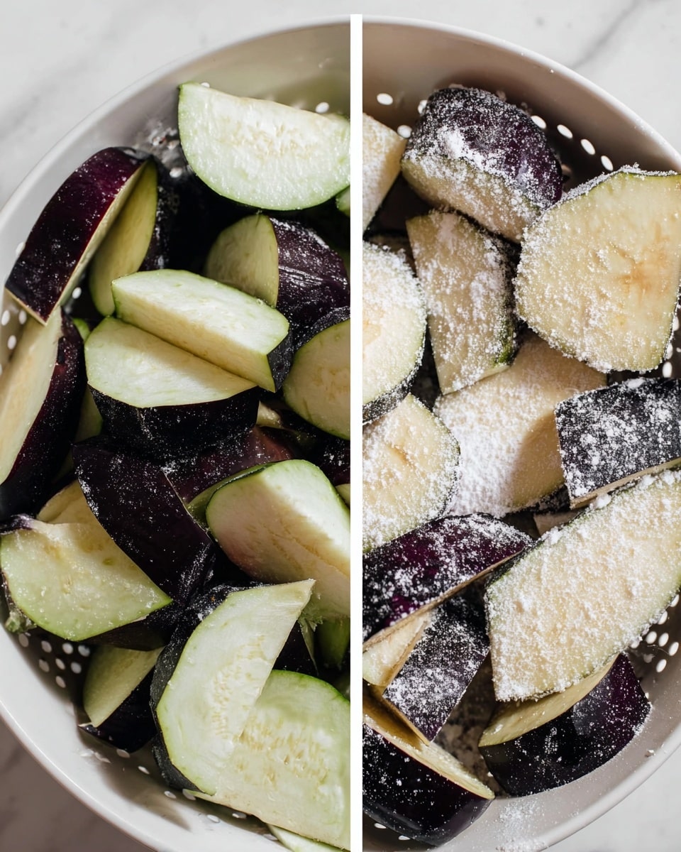 The image shows two close-up views side by side of sliced eggplants placed in a white bowl with strainer holes. The eggplants have a dark purple skin and light greenish inner flesh. In the left view, the slices are plain, while in the right view, the slices are sprinkled with a white powdery substance, likely salt or flour, covering many of the pieces unevenly. The background is a white marbled texture. photo taken with an iphone --ar 4:5 --v 7