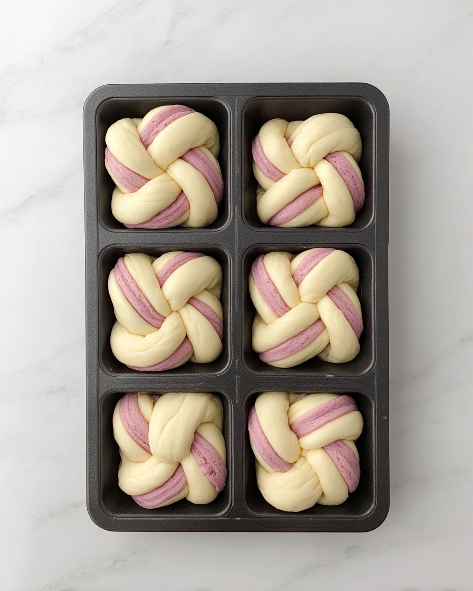 A black baking tray holds eight twisted dough knots arranged in two columns and four rows. Each knot has two visible layers, one pale cream and one light pink, intertwined smoothly to create a striped effect. The dough appears soft with slight folds and rounded edges, fitting neatly inside each square compartment of the tray. The tray lies on a white marbled surface. Photo taken with an iphone --ar 4:5 --v 7