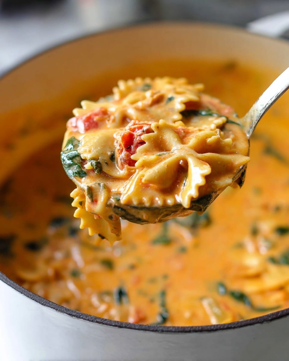 A ladle lifts a creamy soup from a white pot sitting on a white marbled surface. The soup has layers of small, bow-shaped pasta pieces coated in a thick, orange-tinted cream broth mixed with bits of green spinach leaves and small red tomato pieces, creating a colorful contrast. The texture of the soup looks smooth with some chunks floating in the rich liquid. The ladle shows the details of the pasta and vegetables close up, while the pot below is filled with more soup in similar colors and textures, slightly blurred behind the ladle. photo taken with an iphone --ar 4:5 --v 7