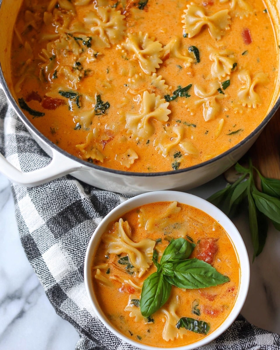 The image shows a creamy orange soup with visible pieces of bowtie pasta and small green spinach leaves mixed inside. The soup is served in two white containers: a large pot on the top left filled with the soup showing texture of pasta and spinach, and a smaller white bowl in the front right, garnished with fresh green basil leaves. Both containers are placed on a white marbled surface with a gray and white checkered cloth partially underneath the smaller bowl. The soup surface looks smooth with a rich orange color, and small bits of red tomatoes and herbs are visible within the creamy liquid photo taken with an iphone --ar 4:5 --v 7