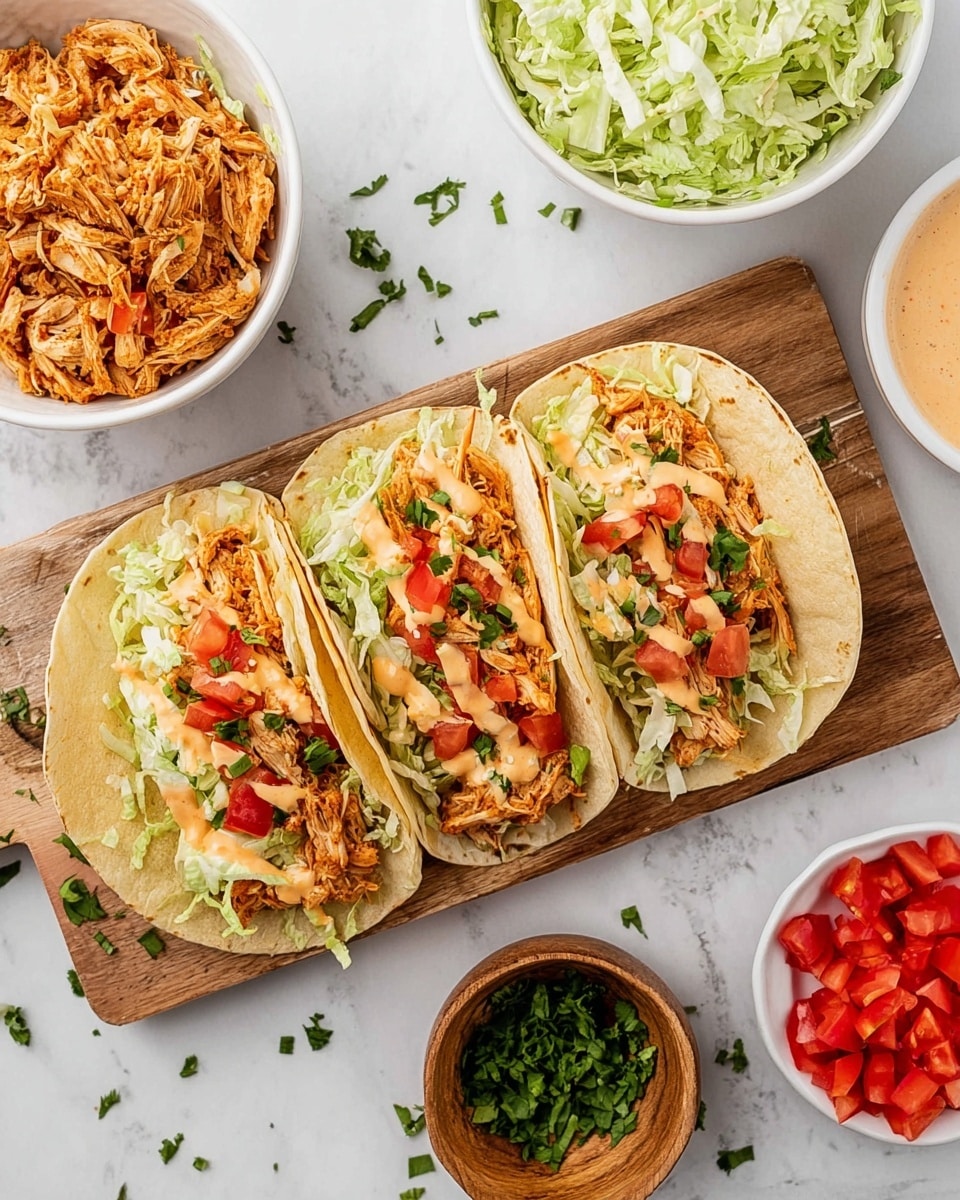 The image shows three soft flour tortillas placed side by side on a wooden board. Each tortilla has three main layers: a bottom layer of light green shredded lettuce, a middle layer of shredded orange chicken with small pieces of red tomato, and a top layer drizzled with light orange sauce and sprinkled with chopped green herbs. Around the board, there are four white bowls; one with shredded chicken, one with white sauce, one filled with light green shredded lettuce, and one with diced red tomatoes. On the white marbled surface nearby, there is a small wooden bowl containing chopped green herbs. The overall setting includes fresh ingredients and a clean, bright look. Photo taken with an iphone --ar 4:5 --v 7