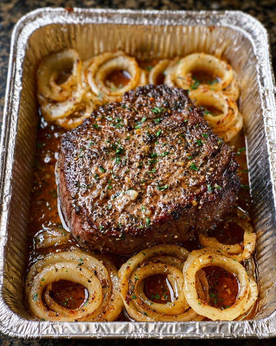 A thick, cooked piece of dark brown meat sits in the middle of a silver foil tray, surrounded by several golden brown cooked onion rings. The meat has a slightly crispy texture with specks of black pepper and small green herb pieces sprinkled on top. The onions have a soft, translucent look and are coated in a shiny glaze that catches the light. The tray contains a shallow pool of savory brown juices mixed with small herb bits. The shiny foil tray contrasts with the rich colors of the food. photo taken with an iphone --ar 4:5 --v 7