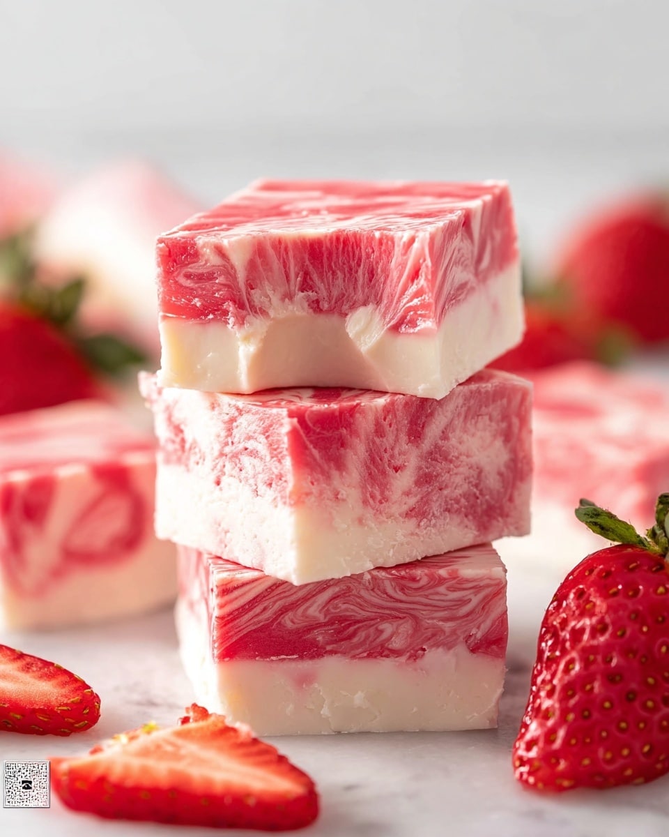 The image shows a stack of four square-shaped strawberry fudge pieces placed closely on a white marbled surface. Each piece has two layers: the bottom layer is smooth and white, while the top layer is a mix of pink and white with a marbled, swirled texture. The top piece has a bite taken out of one corner, revealing the creamy inside. Around the fudge pieces, there are fresh whole and sliced strawberries adding vibrant red and green colors in the background. The lighting is soft and bright, enhancing the creamy texture of the fudge and the freshness of the strawberries. Photo taken with an iphone --ar 4:5 --v 7