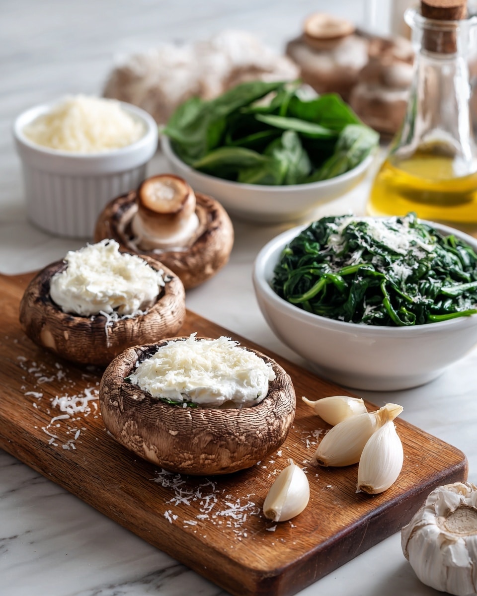 The image shows a large brown mushroom with white soft cheese spread on top, placed on a wooden cutting board. Next to it is a smaller mushroom with a smooth, light brown cap. A small white bowl filled with grated cheese is in front, and nearby, three garlic cloves rest on the board. To the right, a white bowl contains dark green cooked spinach sprinkled with grated cheese, and behind it, another white bowl holds fresh bright green spinach leaves. In the background, there's a glass jar of salt and a glass bottle of light golden olive oil, all set on a white marbled surface. photo taken with an iphone --ar 4:5 --v 7