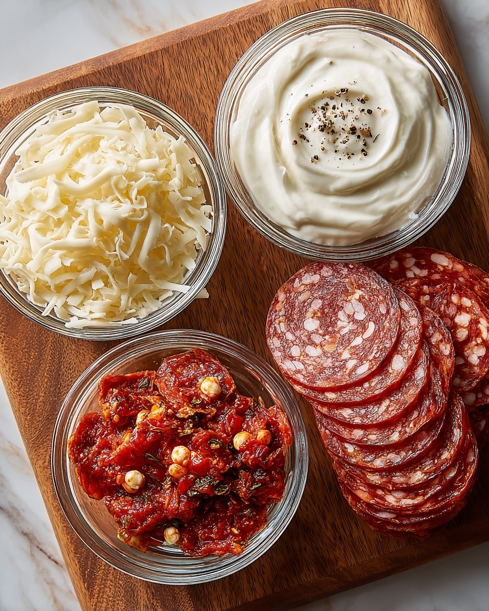 The image shows four clear glass bowls arranged on a wooden board. The top left bowl contains shredded pale yellow cheese with a soft texture. The top right bowl is filled with smooth white cream swirled in a circle and sprinkled with black pepper on top. The bottom left bowl has small, round slices of spicy, reddish pepperoni mixed with a chunky red sauce containing visible seeds and herbs. On the bottom right, there is a pile of neatly stacked shiny pepperoni slices with a marbled pattern of red and white. The wooden board rests on a white marbled surface. photo taken with an iphone --ar 4:5 --v 7