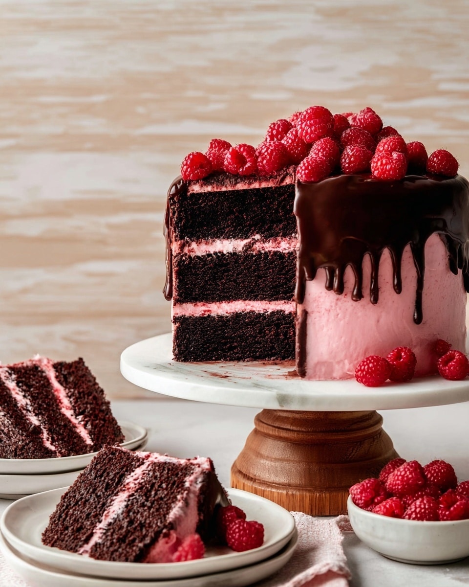 A three-layer chocolate cake stands on a white cake stand with a wooden base on a white marbled surface; each dark chocolate layer is separated by thick, bright pink frosting. The cake is coated with the same pink frosting on the sides, covered halfway by dark chocolate ganache that drips slightly down the edges. Fresh raspberries are piled on top of the cake, adding a rich red color and textured look. Two slices of the cake are placed on white plates in the foreground, showing the even layers and creamy pink filling, with a small white bowl filled with raspberries next to them. Photo taken with an iphone --ar 4:5 --v 7