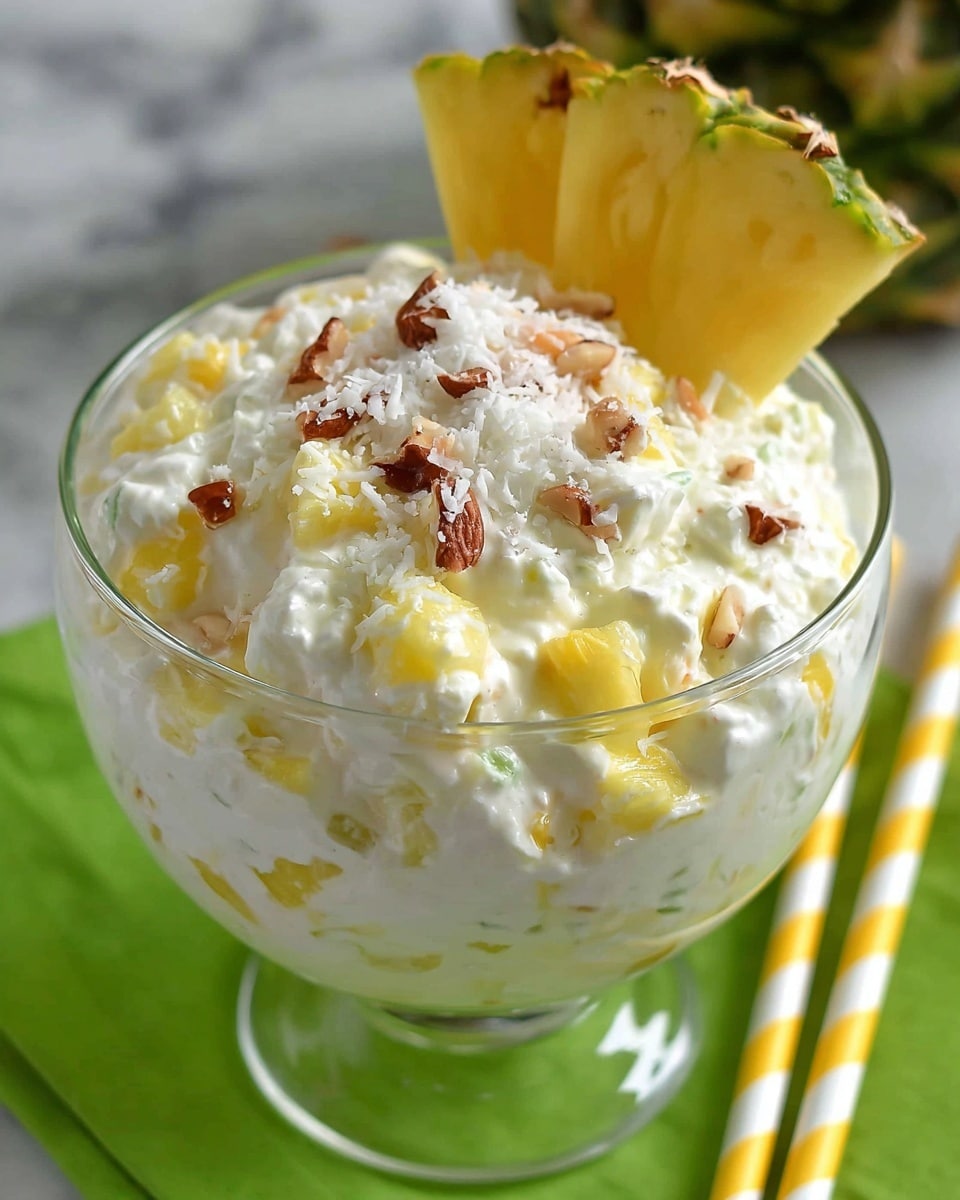 A clear glass bowl filled with a creamy pineapple salad that has small yellow pineapple chunks and white cottage cheese mixed together, topped with shredded white coconut and small brown nut pieces. Two triangular yellow pineapple slices are placed on the side, sticking up at the top of the bowl. The bowl sits on a bright green cloth with two yellow and white striped paper straws next to it, all set on a white marbled surface. Photo taken with an iphone --ar 4:5 --v 7