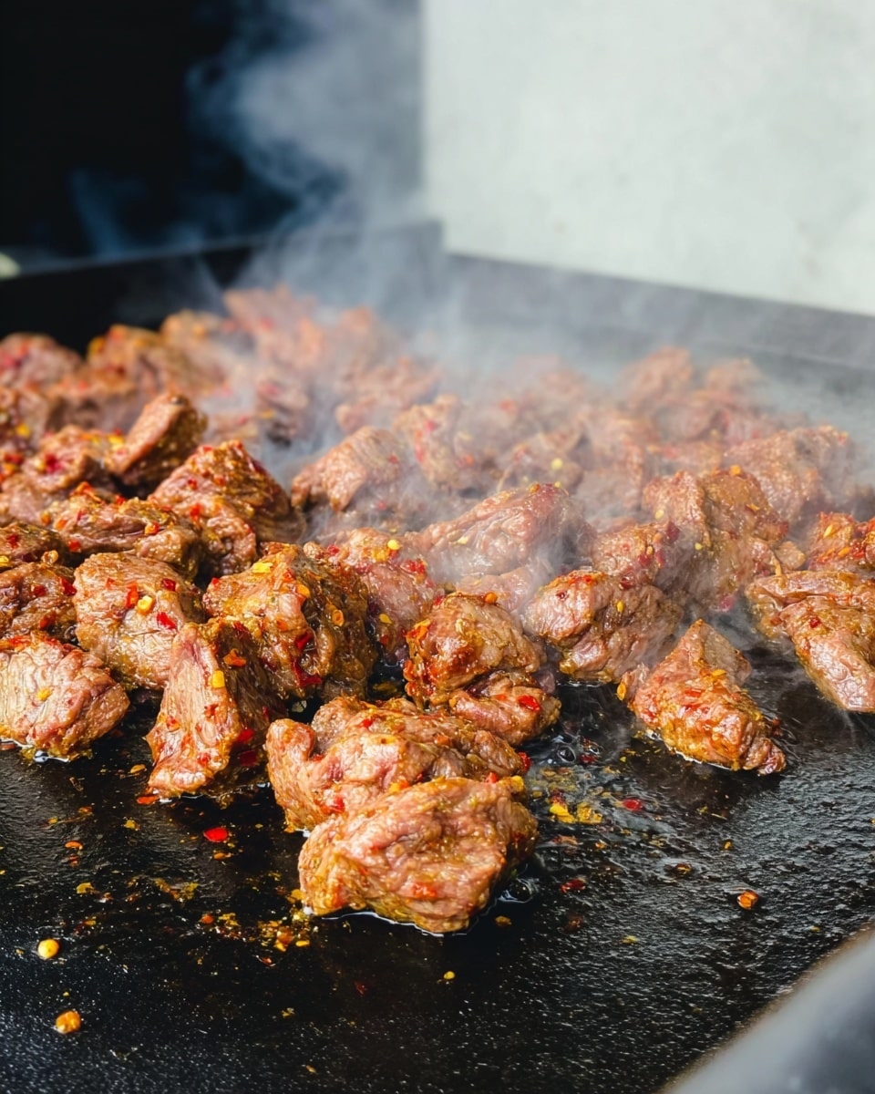 The image shows many small pieces of seasoned brown meat cooking on a flat black grill. The meat pieces are unevenly shaped and have red and yellow spice bits on them. There is steam rising above the meat, showing it is hot. The black grill surface looks slightly shiny with cooking juices. The background above the grill is a white smooth surface, and the overall setting has a clean, simple look. Photo taken with an iphone --ar 4:5 --v 7