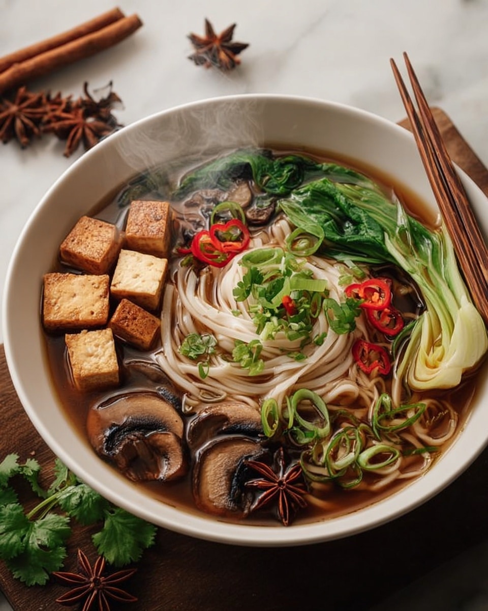 A steaming bowl of noodle soup is presented in a white bowl placed on a white marbled surface. At the center, pale white ramen noodles are twirled up, surrounded by rich brown broth. On one side, golden brown cubes of tofu rest next to bright green bok choy leaves. Thin sliced mushrooms with dark caps line another side, while scattered slices of red chili, green scallions, and fresh cilantro add a pop of color over the soup. Star anise and cinnamon sticks are placed on top and around the bowl, giving an aromatic hint. In the background, wooden chopsticks rest on the bowl edge. photo taken with an iphone --ar 4:5 --v 7