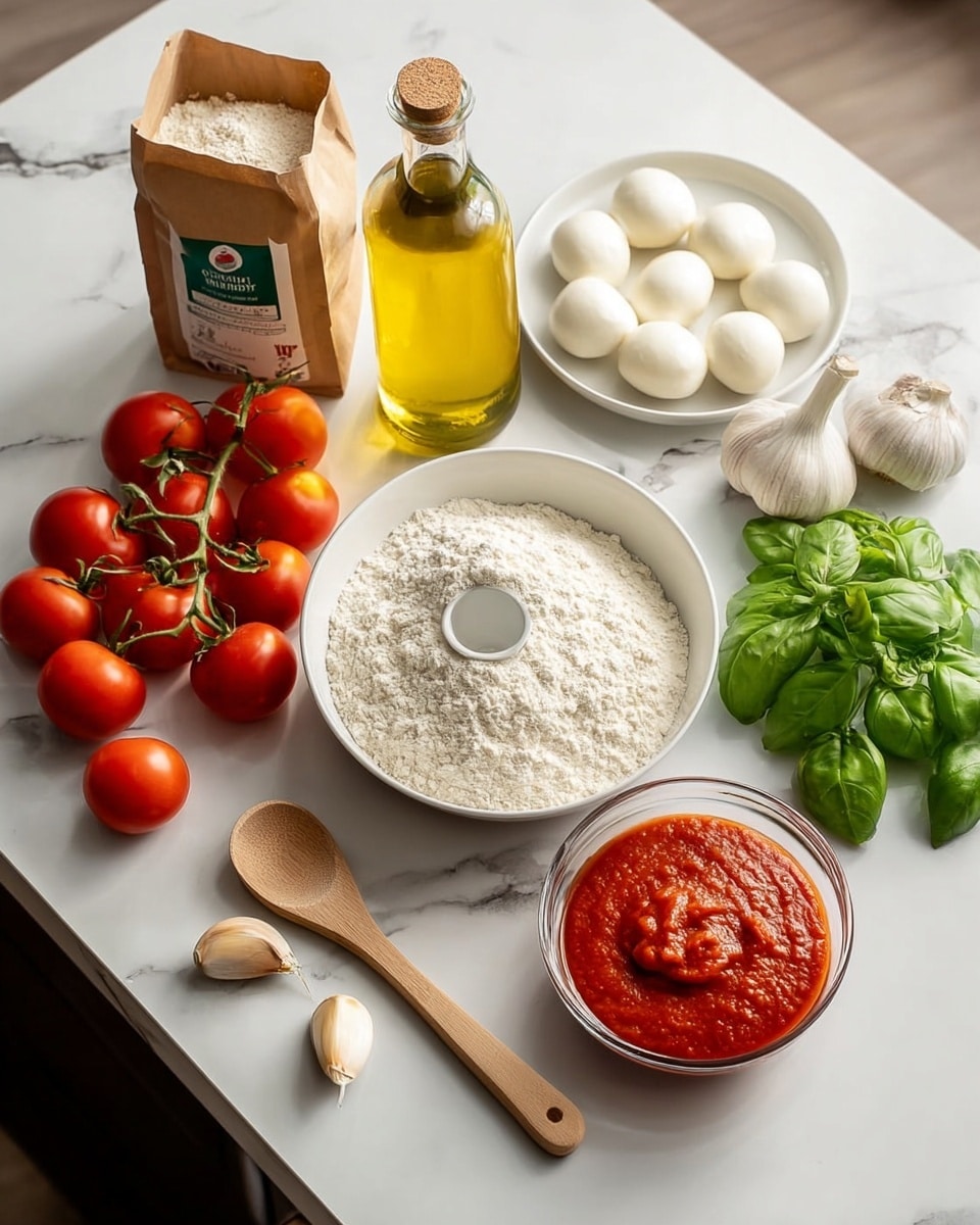 On a white marbled surface, there is a cluster of bright red cherry tomatoes on the vine placed next to a light brown bag of flour. In front of them, there is a white bowl filled with white flour that has a small well in the center. Beside the flour, there are several garlic cloves arranged near a wooden spoon lying flat. To the back right, a small white plate holds eight smooth, round white mozzarella balls. Next to this plate is a fresh bunch of green basil leaves and a whole garlic bulb. A clear glass bottle filled with yellow olive oil stands tall near the mozzarella. In the front right, a small clear glass bowl holds a thick, vibrant red tomato sauce. photo taken with an iphone --ar 4:5 --v 7