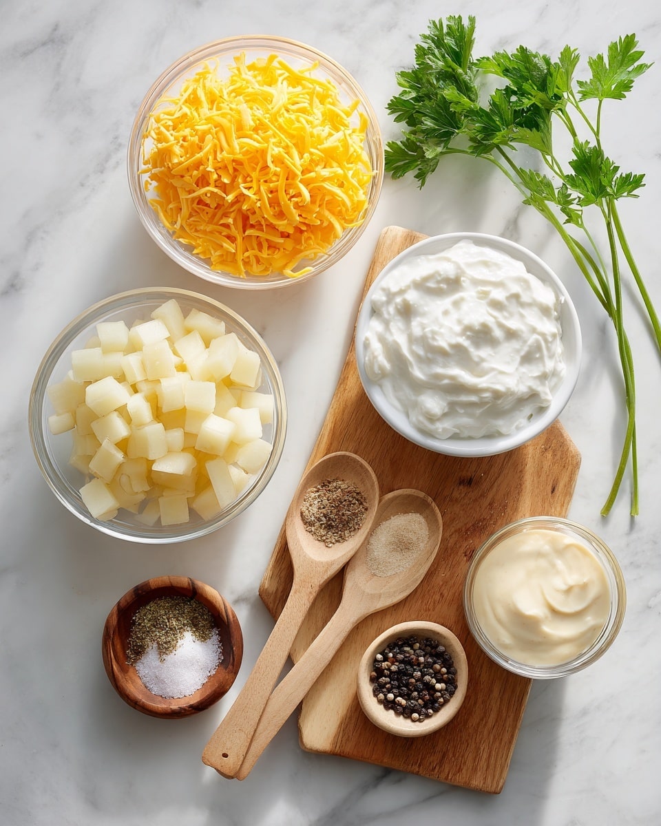 A top view of several ingredients on a white marbled surface, including a clear bowl filled with light yellow diced hashbrowns at the bottom left, a white bowl with bright yellow shredded cheddar cheese at the top left, a white bowl with thick white sour cream in the center, and a small clear bowl of creamy light yellow cream of chicken at the bottom right; next to these is a wooden cutting board holding two wooden spoons with light brown garlic powder and light tan onion powder, a small round wooden bowl with white coarse salt and a small wooden spoon inside it, and a small round wooden bowl with black peppercorns, with a sprig of green parsley resting on the board; all ingredients are neatly arranged and well lit; photo taken with an iphone --ar 4:5 --v 7